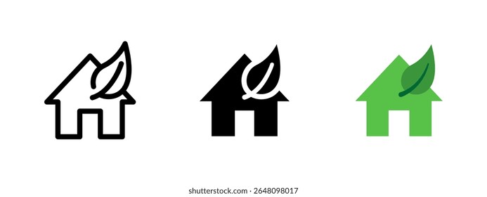 Eco home icon. Green house with leaf symbol. Sustainable living vector illustration. Environmental building concept for energy-efficient design symbol. Natural organic home sign. Eco-friendly living.