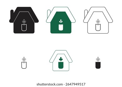 Eco Home Icon Set, organic farming icons as organic market, organic, organic products. Plant Pot in House Symbol Vector Collection