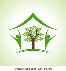  Eco home icon with tree and persons, vector illustration 