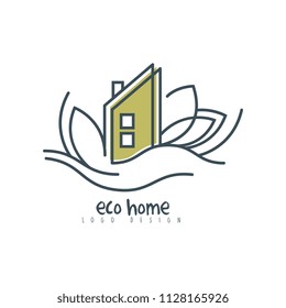 Eco home logo design, ecologic home sign with green leaf, clean energy, building materials and technologies vector Illustration on a white background