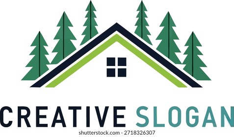 Logotipo de Eco Home con pinos y silueta de techo: icono de marca inmobiliaria inspirado en la Naturaleza