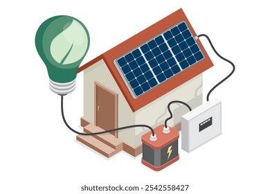 Eco home with solar panels with energy storage.  House using renewable energy. Simple isometric illustration