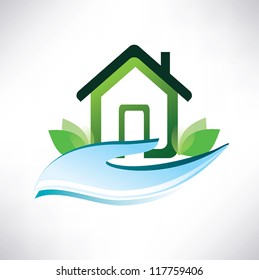  eco home symbol on the palm, green house vector icon