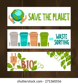Eco horizontal banners set with waste sorting elements isolated vector illustration