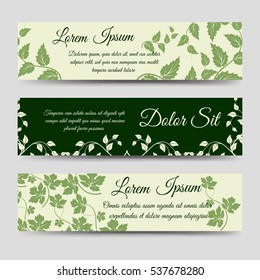 Eco horizontal banners templates with green floral branches. Vector illustration