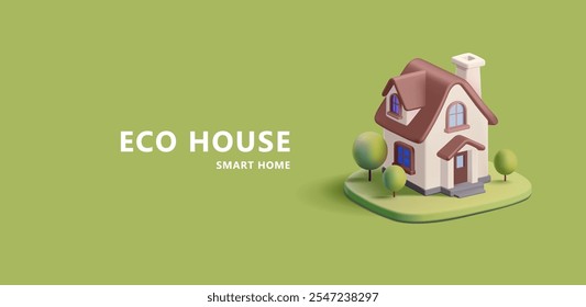 Eco house, 3D with trees on a green background. For concepts of energy saving from buildings, ecological materials. Home comfort and savings. Vector illustration.