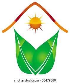 Eco house abstract design with leaf and sun