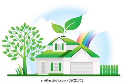Eco house. All elements and textures are individual objects. Vector illustration scale to any size.
