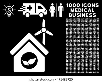 Eco House Building icon with 1000 medical commerce white vector design elements. Design style is flat symbols, black background.