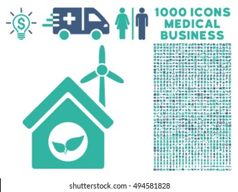 Eco House Building icon with 1000 medical business cobalt and cyan vector pictographs. Clipart style is flat bicolor symbols, white background.