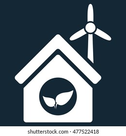 Eco House Building icon. Vector style is flat iconic symbol, white color, dark blue background.