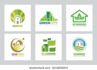 Eco house building - vector logo set concept illustration for presentation, booklet, website and other creative projects. Ecological real estate. Design elements.