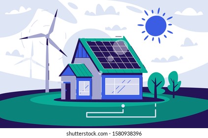 Eco house. Cartoon vector flat illustration. Renewable energy. Eco-friendly architecture. Village life. Global Warming, zero waste and Greenpeace concept