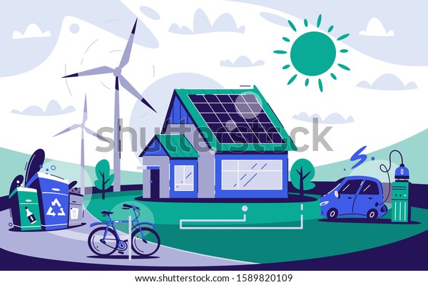 Eco house. Cartoon vector flat\
illustration. Renewable energy. Eco-friendly architecture. Village\
life. Global Warming, zero waste and Greenpeace\
concept