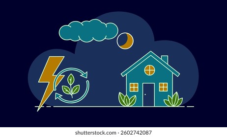 Eco house clean energy night. Moon stars cloud plants lightning. Green power renewable resources. Line art flat lay vector illustration