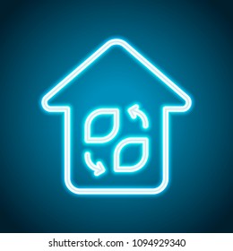 Eco house. Concept logo. Simple linear icon with thin outline. Neon style. Light decoration icon. Bright electric symbol