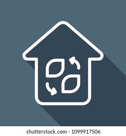 Eco house. Concept logo. Simple linear icon with thin outline. White flat icon with long shadow on background