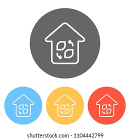 Eco house. Concept logo. Simple linear icon with thin outline. Set of white icons on colored circles