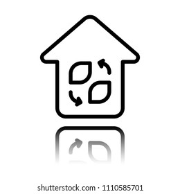 Eco house. Concept logo. Simple linear icon with thin outline. Black icon with mirror reflection on white background