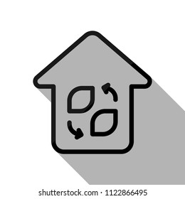 Eco house. Concept logo. Simple linear icon with thin outline. Black object with long shadow on white background