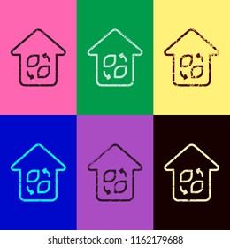 Eco house. Concept logo. Simple linear icon with thin outline. Pop art style. Scratched icons on 6 colour backgrounds. 