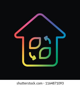 Eco house. Concept logo. Simple linear icon with thin outline. Rainbow color and dark background