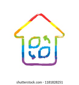 Eco house. Concept logo. Simple linear icon with thin outline. Drawing sign with LGBT style, seven colors of rainbow (red, orange, yellow, green, blue, indigo, violet