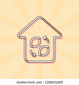 Eco house. Concept logo. Simple linear icon with thin outline. Vintage retro typography with offset printing effect. Dots poster with comics pop art background