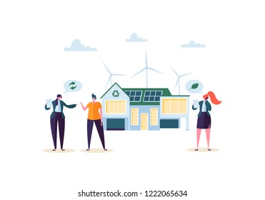 Eco House Concept with Real Estate Agent Presenting Modern House to the Clients. Ecology Green Energy, Solar and Wind Power. Vector illustration