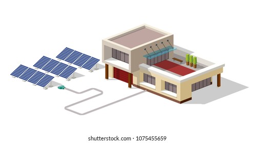 Fábrica de painéis solares conectados à Eco House. Casa com alternativa Eco Green Energy, conceito de infográfico isométrico 3d. Conjunto de painéis solares. Ilustração vetorial