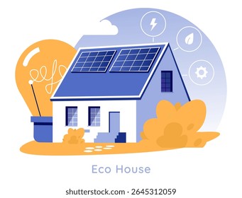 Eco house design com painéis solares e símbolos de eficiência energética. Esta ilustração representa soluções de vida sustentáveis e adoção de energia renovável para residências modernas para combater as mudanças climáticas