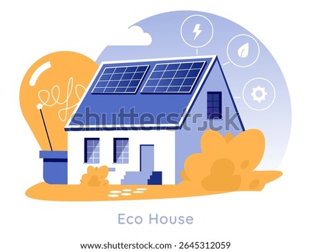 Eco house design featuring solar panels and energy efficiency symbols. This illustration represents sustainable living solutions and renewable energy adoption for modern homes to combat climate change