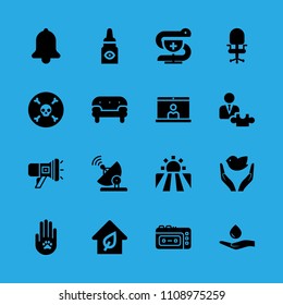 eco house, field, pharmacy, sofa, bell, animal solidarity, eye drops, megaphone and death vector icon. Simple icons set