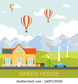 Eco house. Green house. Environmentally friendly and safe house on the background of nature and mountain landscape. Charging an electric car. Vector illustration. Vector.