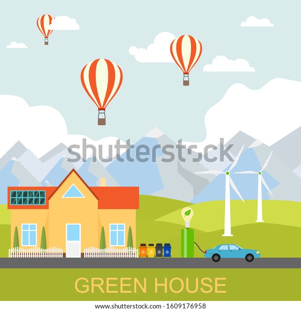 Eco house. Green house.\
Environmentally friendly and safe house on the background of nature\
and mountain landscape. Charging an electric car. Vector\
illustration. Vector.
