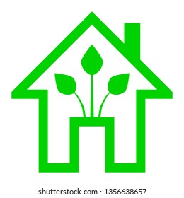 Eco house - green home icon - green outline, isolated - vector illustration