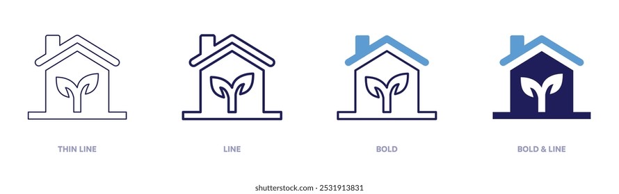 Icono de la casa de Eco en 4 estilos diferentes. Línea delgada, línea, negrita y línea negrita. Estilo duotono. Trazo editable.