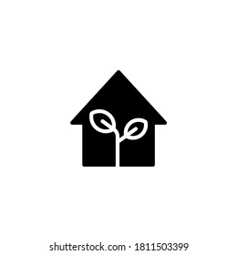 Icono de la casa ecológica en glifo plano negro, estilo relleno aislado en fondo blanco
