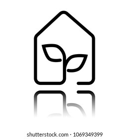 eco house icon concept. Black icon with mirror reflection on whi