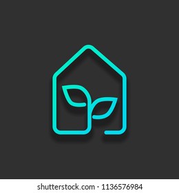 eco house icon concept. Colorful logo concept with soft shadow on dark background. Icon color of azure ocean