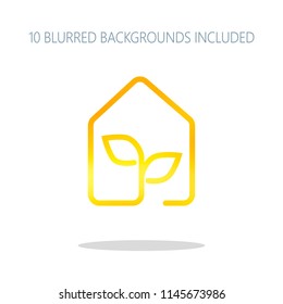 eco house icon concept. Colorful logo concept with simple shadow on white. 10 different blurred backgrounds included