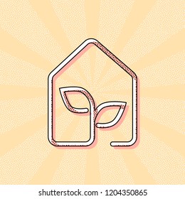 eco house icon concept. Vintage retro typography with offset printing effect. Dots poster with comics pop art background