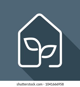 eco house icon concept. White flat icon with long shadow on background