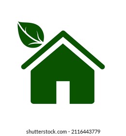 Eco house icon. Environmentally sustainable home or house with green leaves. Vector Illustration