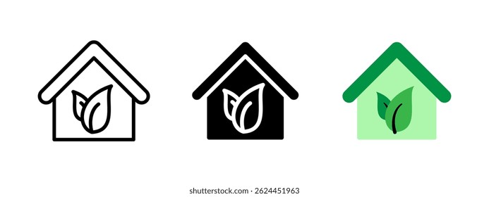 Eco house icon. Green home with leaf inside vector illustration. Symbol of environmental sustainability, eco-friendly construction and nature-conscious living. Ideal for eco housing projects.