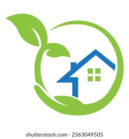 eco house icon Leaf and Green House Logo real estate home logo Green house logo design vector with illustration leaf concept