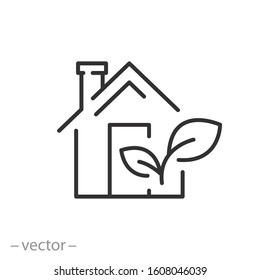 eco house icon, logo green energy in home, environmental clean building, greenhouse concept, modern ecology architecture, thin line symbol on white background - editable stroke vector illustration