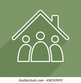 Eco house icon with people, thin line for web and mobile, minimalistic flat design.