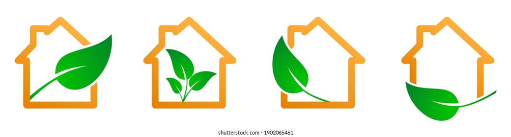 Eco house icons set. House with leaf icon. Vector illustration. House care concept. Eco house logo