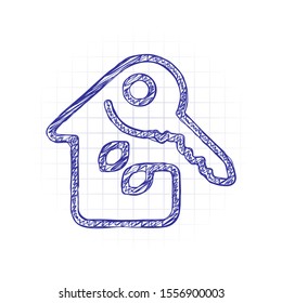 Eco house with key. Linear icon with thin outline. One line style. Hand drawn sketched picture with scribble fill. Blue ink. Doodle on white background